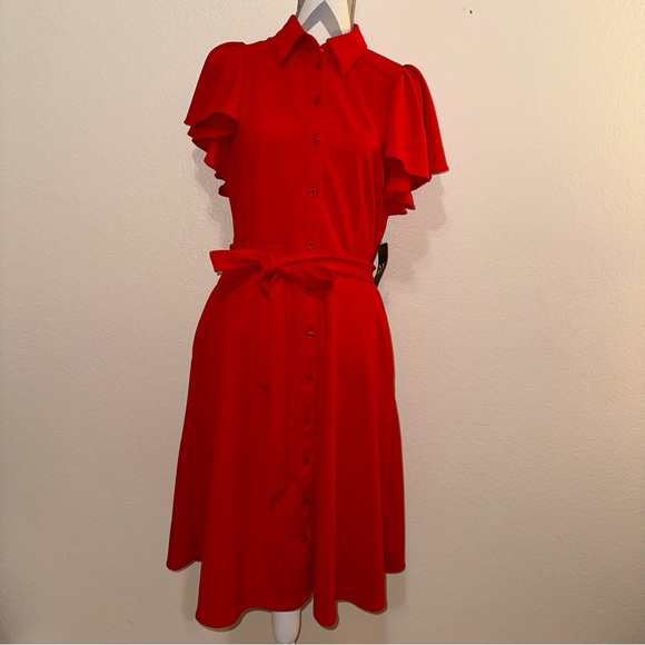 NWT New York & Company Red Ruffle Short Sleeve A Line Bow Belted Dress Medium - Picture 1 of 17